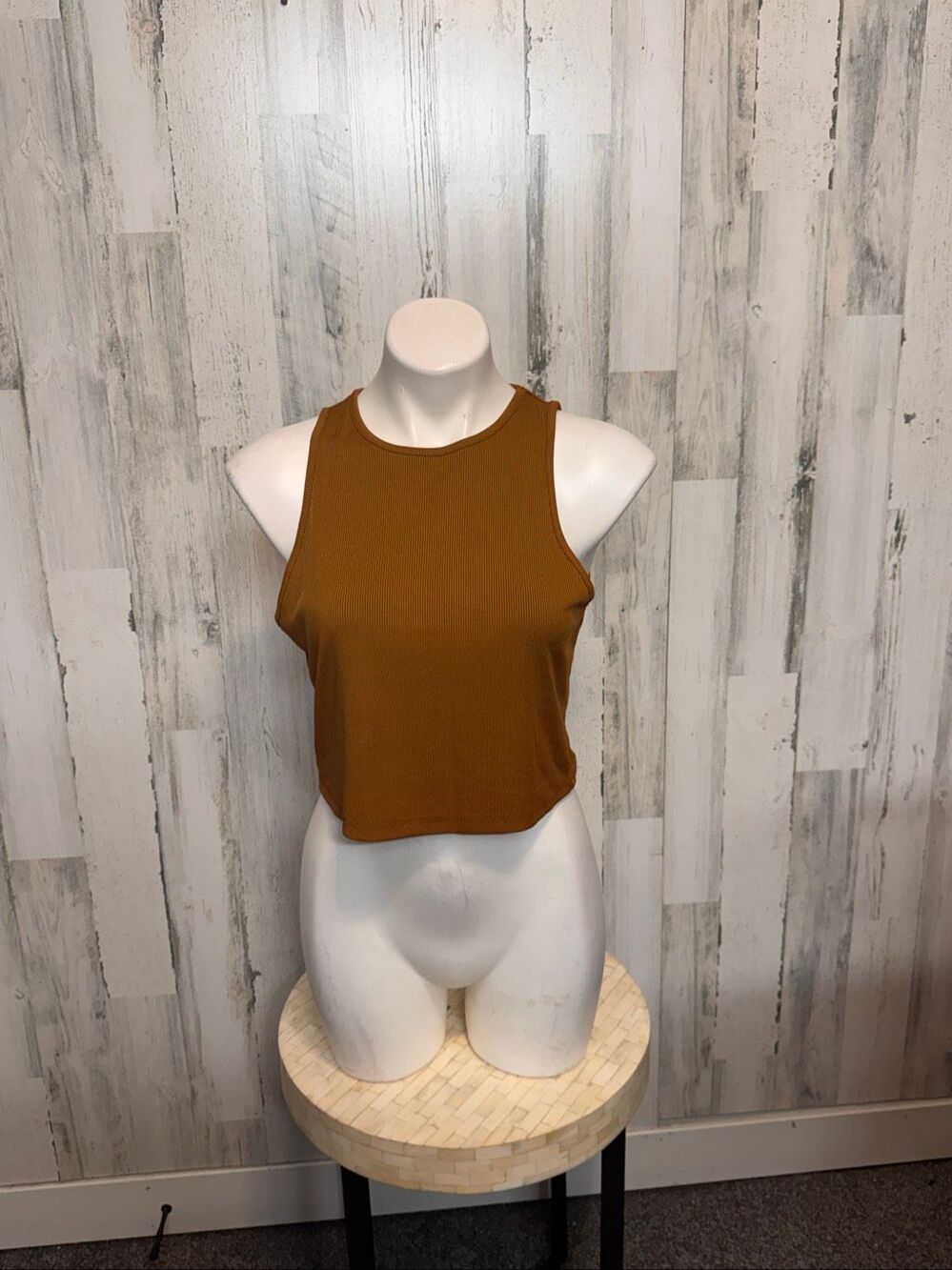 Camel Brown Ribbed High Neck Racerback Crop Tank Top Womens XL 12 Basic